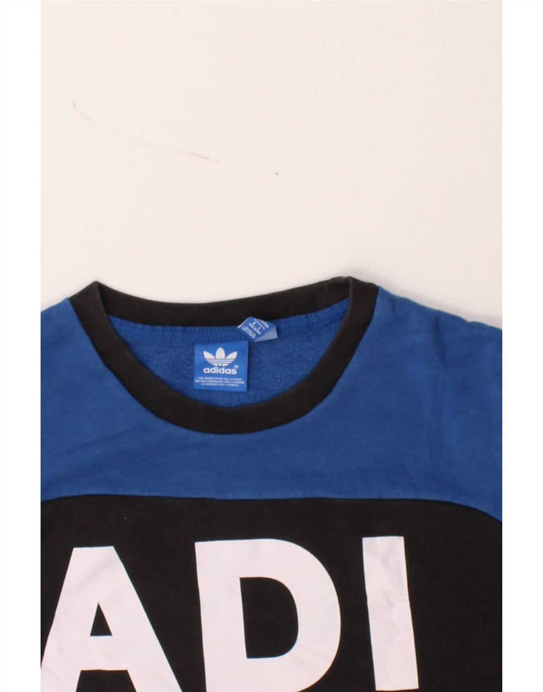 ADIDAS Boys Graphic Sweatshirt Jumper 13-14 Years Blue Colourblock Vintage Adidas and Second-Hand Adidas from Messina Hembry 