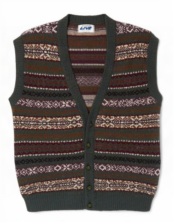 Maglione cardigan senza maniche vintage da uomo XL verde Fair Isle
