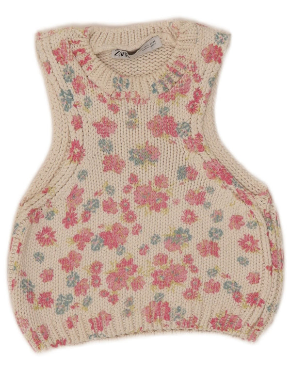 Zara Womens Crop Vest Tank Top UK 10 Small White Floral Polyester