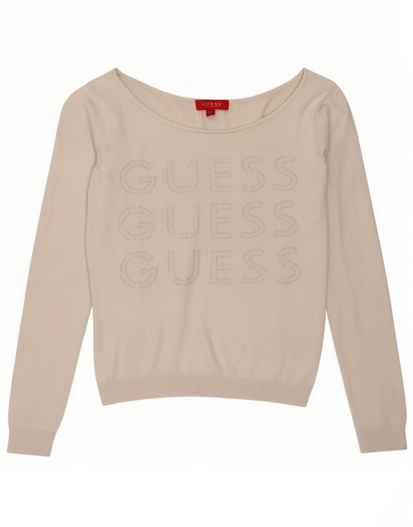 Guess Maglione da donna con scollo a barca con grafica corta UK 6 XS Viscosa bianca