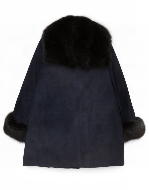 Pancaldi & B Cappotto doppiopetto in pelle scamosciata da donna UK 18 XL Pelle di pecora blu navy