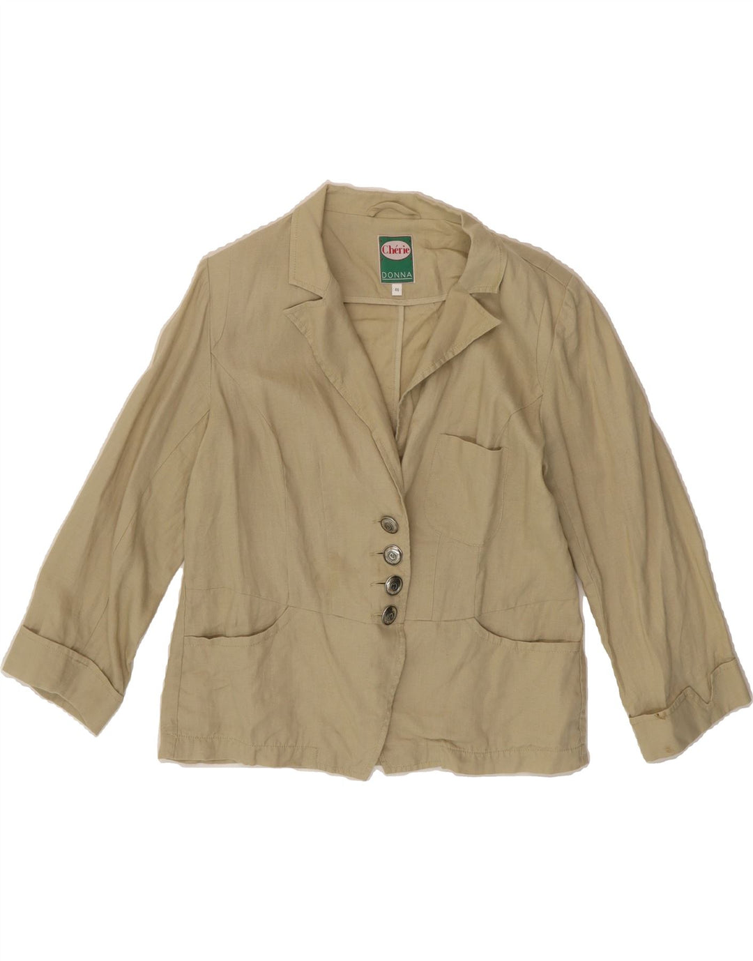 CHERIE Womens 3/4 Sleeve 4 Button Blazer Jacket IT 46 Large Beige Linen Vintage cherie and Second-Hand cherie from Messina Hembry 
