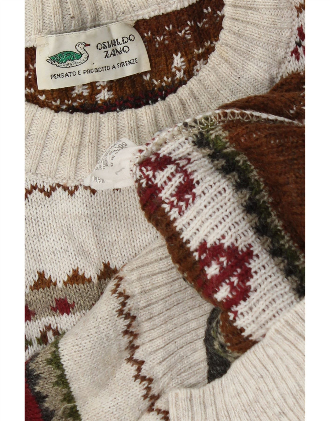 Maglione girocollo da uomo vintage in lana geometrica bianco sporco grande