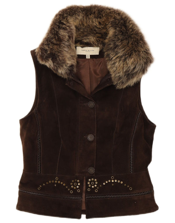 Gilet in pelle scamosciata da donna Karen Millen UK 14 grande marrone