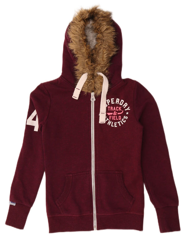 Felpa con cappuccio e zip grafica da donna Superdry UK 6 XS Borgogna Cotone