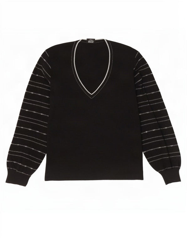 Maglione da donna con scollo a V Lucia UK 10 piccolo in lana a righe nere