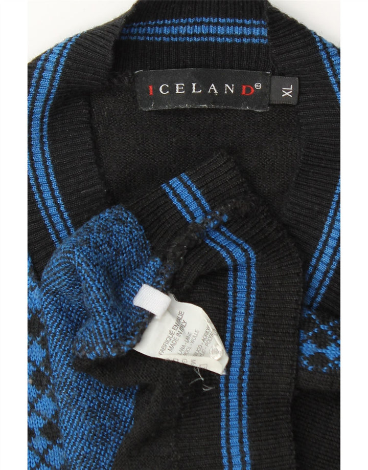 Maglione da uomo con scollo a V islandese XL blu a rombi/lana diamante