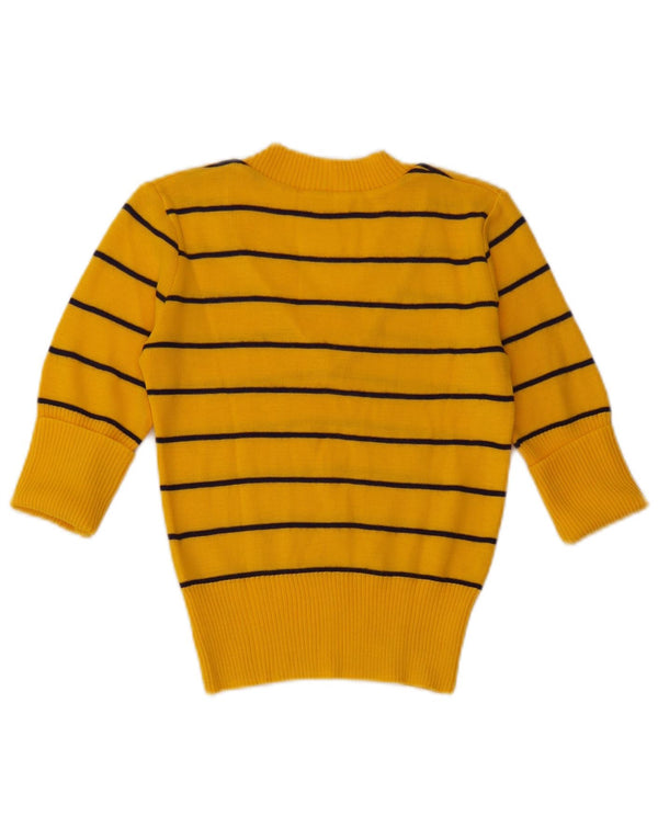 Maglione vintage da donna corto con scollo a V e mezza manica UK 4 XS a righe gialle
