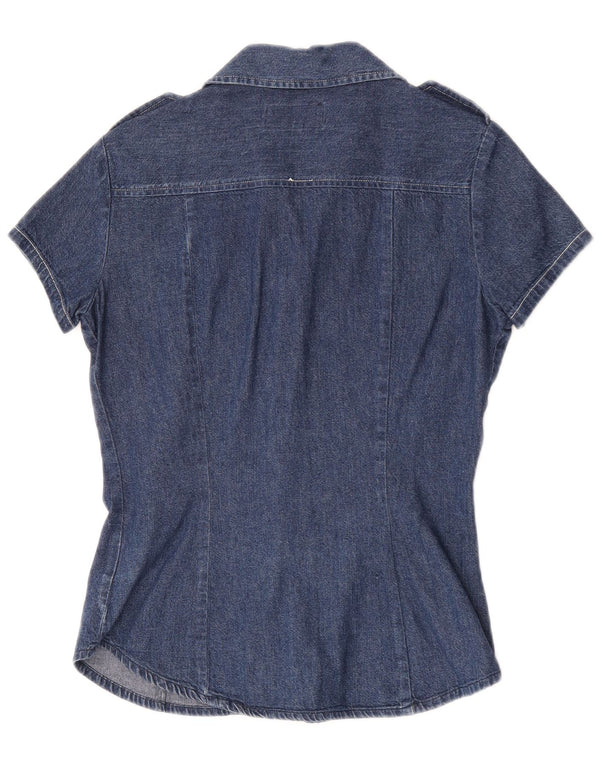 Replay Camicia in denim militare a maniche corte da donna UK 10 Small Cotone blu