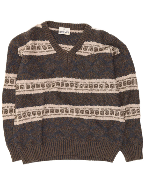 Brandi Maglione da uomo con scollo a V, grande, blu navy, Fair Isle