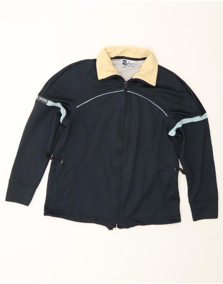 ASICS Womens Tracksuit Top Jacket UK 10 Small Navy Blue Colourblock Nylon Vintage Asics and Second-Hand Asics from Messina Hembry 