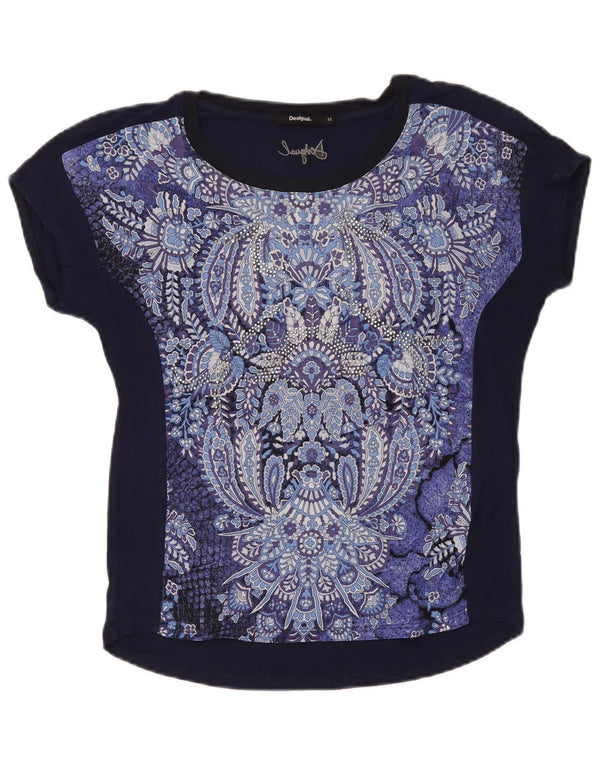 Desigual T-shirt grafica da donna Top UK 14 Medium Blu Navy Paisley