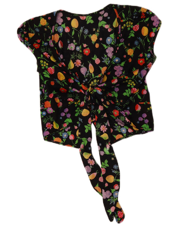 Top cardigan avvolgente corto da donna vintage UK 14 medio nero floreale