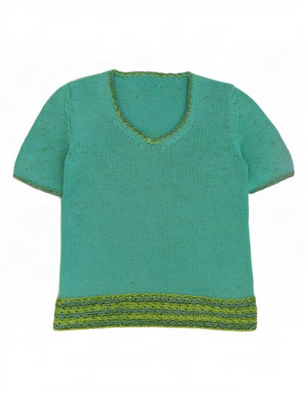 Maglione vintage da donna con scollo a V UK 14 Colorblock verde medio
