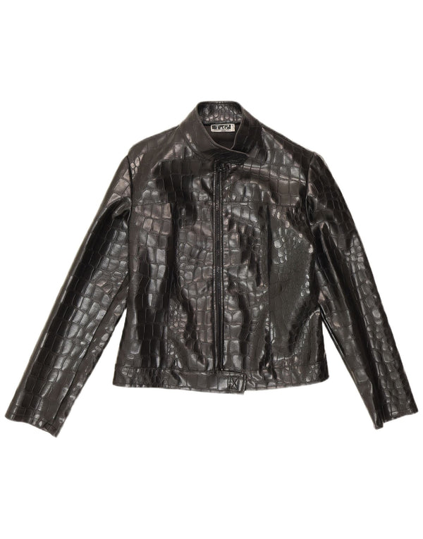 Giubbotto bomber vintage da donna in ecopelle UK 10 piccola stampa animalier nera
