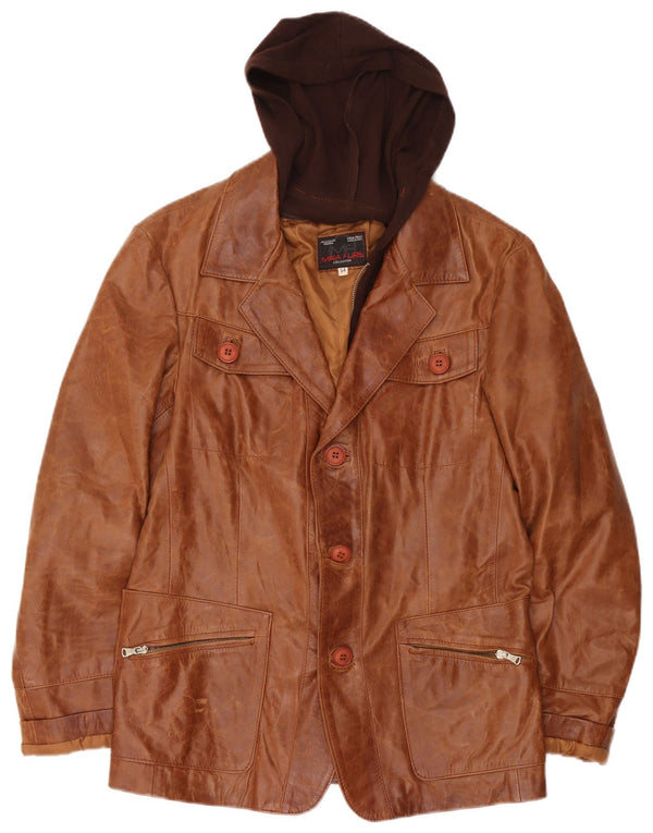 Giacca in pelle con cappuccio da uomo Mira Furs UK 40 grande marrone