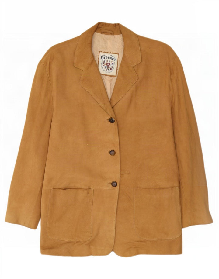 Giacca blazer vintage in pelle scamosciata a 3 bottoni da donna UK 14 in pelle beige media