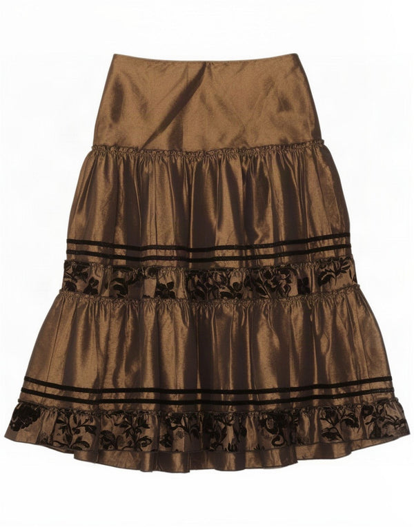 Gonna a strati da donna vintage UK 14 Grande W34 Poliestere floreale marrone