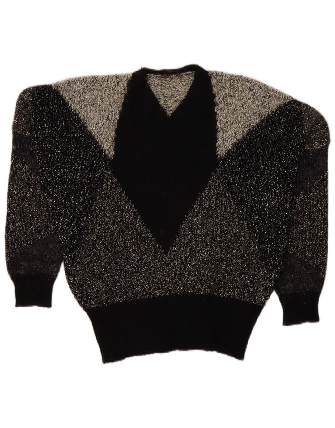 Maglione vintage da donna oversize con scollo a V UK 10 Small Grey Colourblock