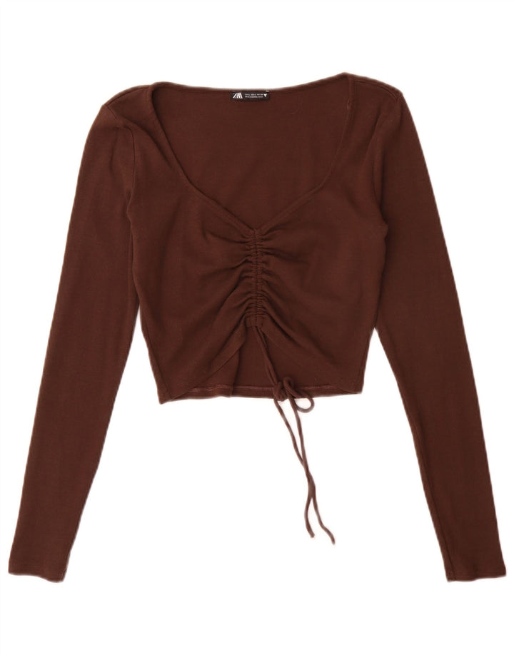 Top corto a maniche lunghe da donna Zara UK 14 grande marrone