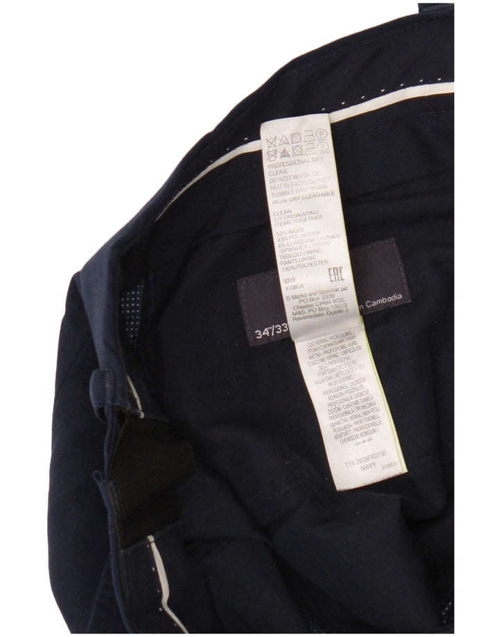 Pantaloni da abito dritti da uomo Marks & Spencer W34 L33 lana blu navy