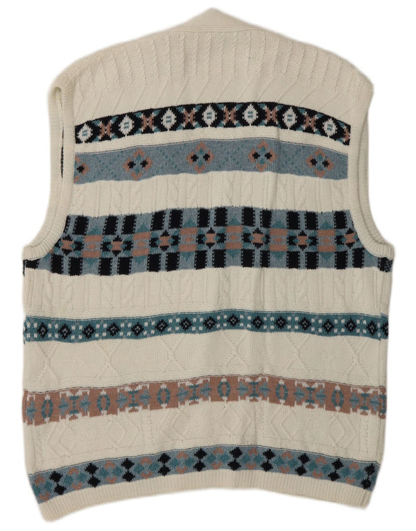 Maglione cardigan senza maniche vintage da uomo grande cotone Fair Isle bianco