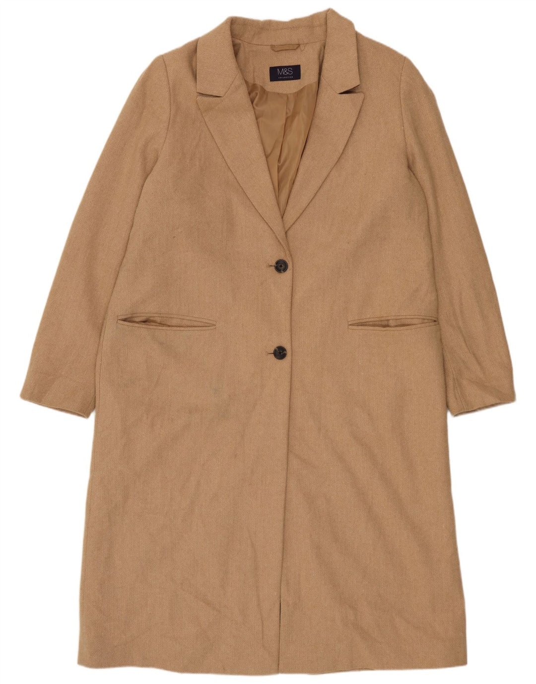 Cappotto da donna Marks & Spencer UK 16 Large Beige in lana a spina di pesce