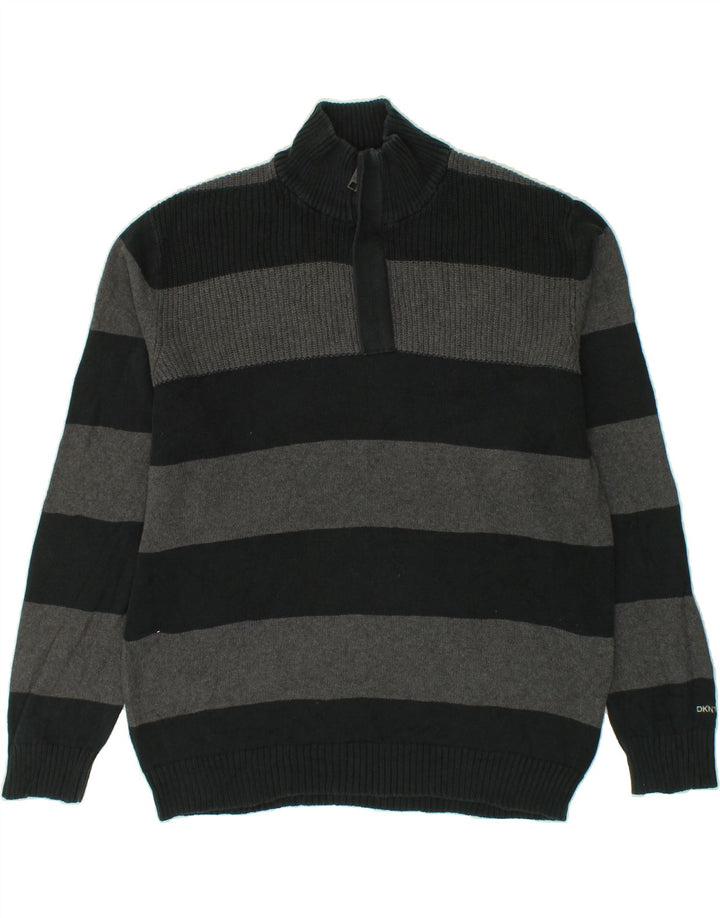 DKNY Mens Zip Neck Jumper Sweater XL Grey Striped Cotton Vintage Dkny and Second-Hand Dkny from Messina Hembry 