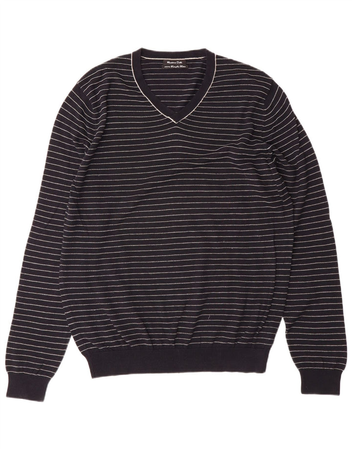 MASSIMO DUTTI Mens V-Neck Jumper Sweater Medium Navy Blue Striped Cotton