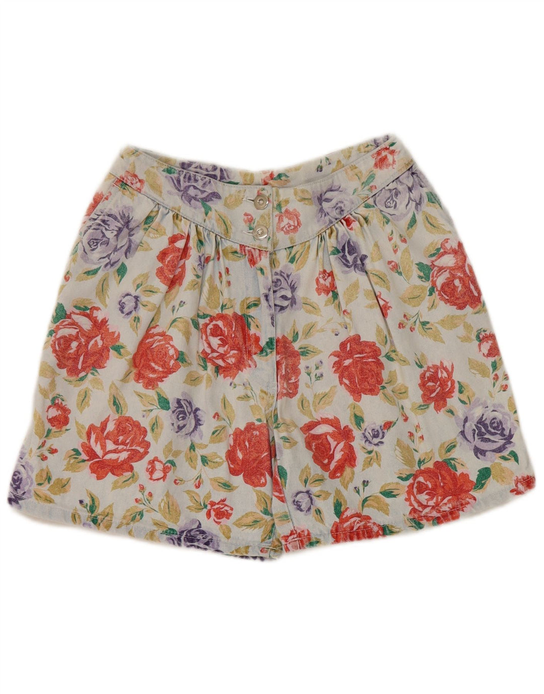 Pantaloncini di jeans con ancoraggio da donna vintage IT 40 piccoli W25 floreale multicolore