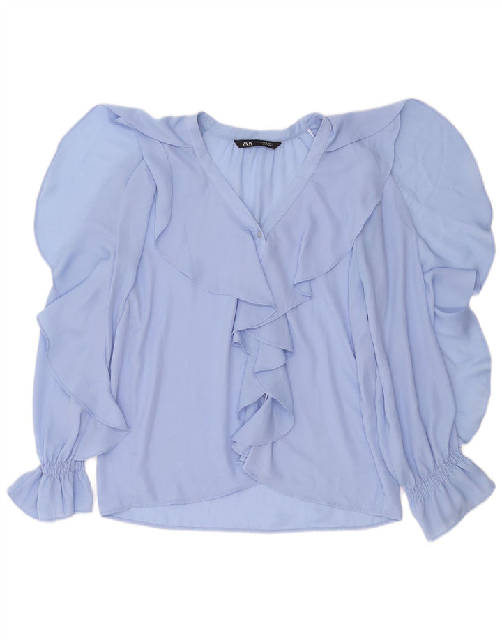 ZARA Camicia da Donna con Volant sul Fronte Camicetta UK 14 Blu Medio
