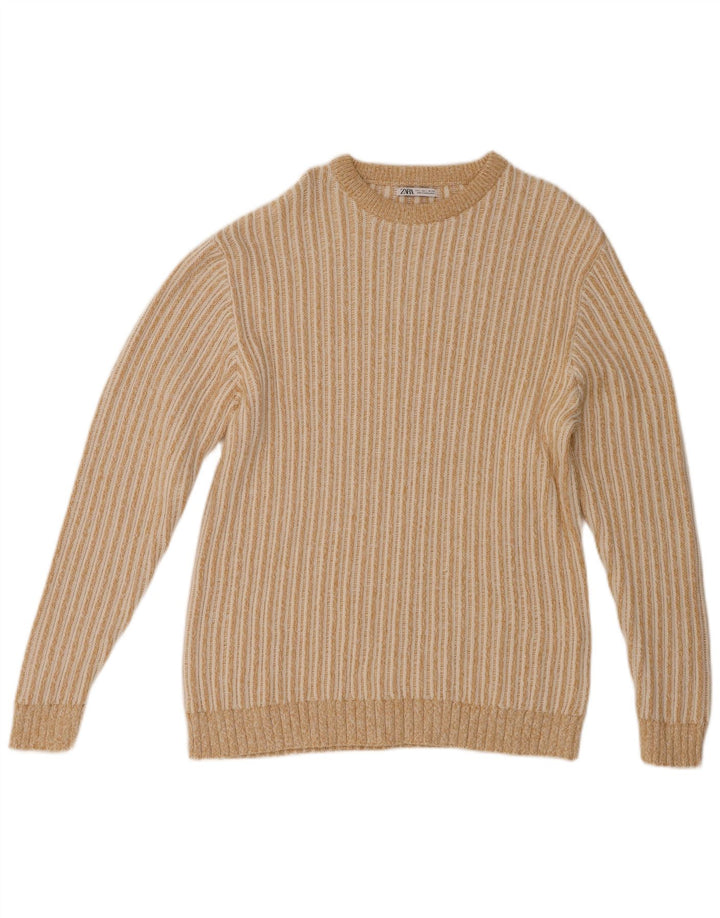 ZARA Mens Crew Neck Jumper Sweater Large Beige Striped Cotton