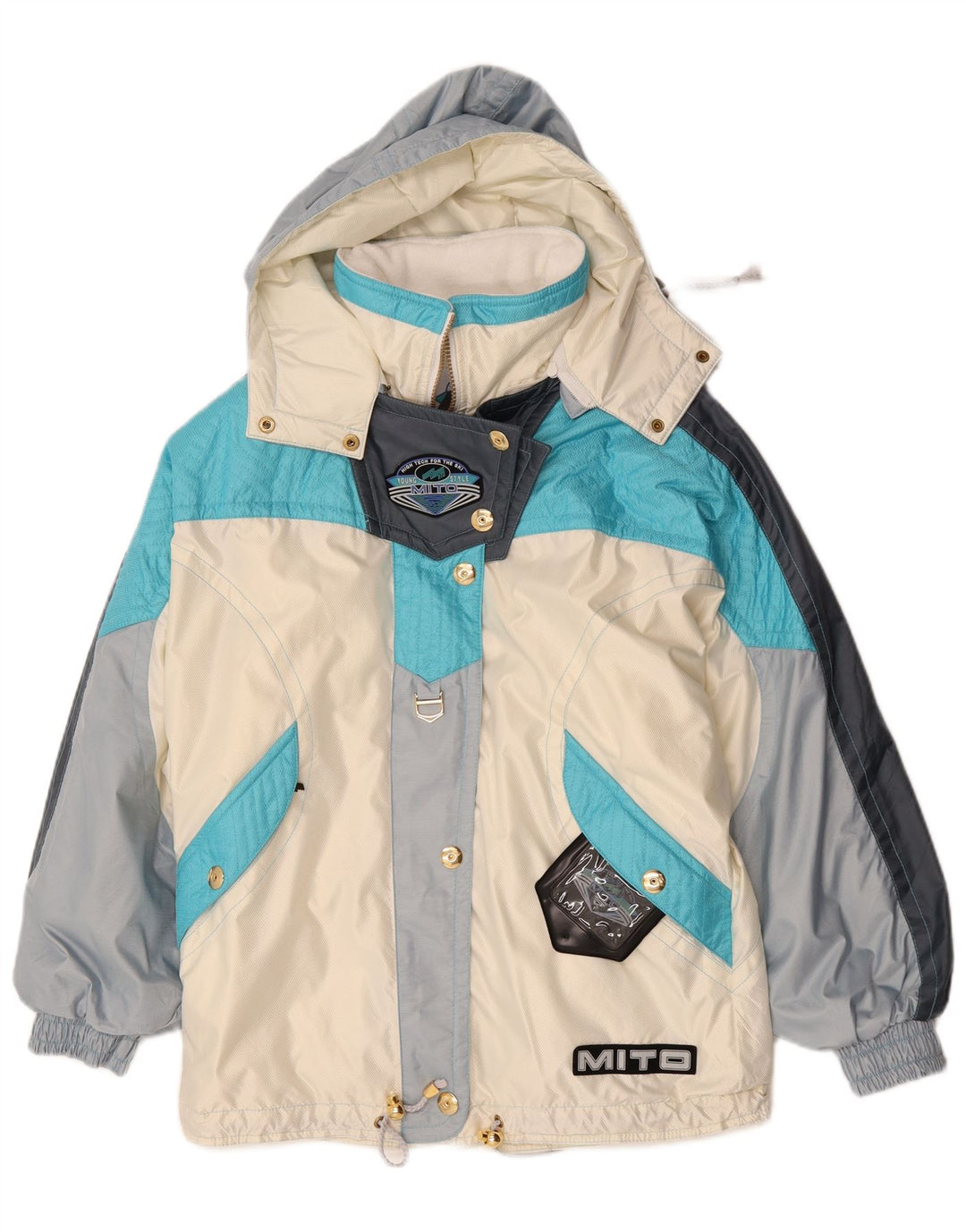 Giacca da sci vintage da donna con cappuccio EU 42 Large Blu Colourblock Poliestere
