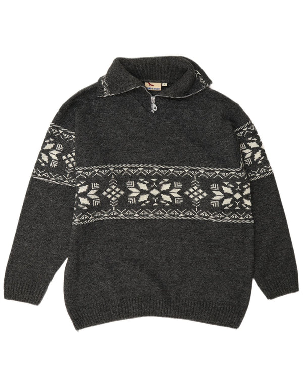 Randy River Mens Zip Neck Jumper Sweater Large Grey Fair Isle Polyacrylic