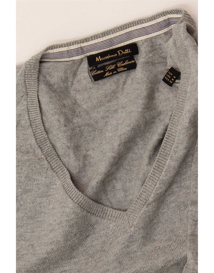 Massimo Dutti Maglione da uomo con scollo a V in cotone screziato grigio medio