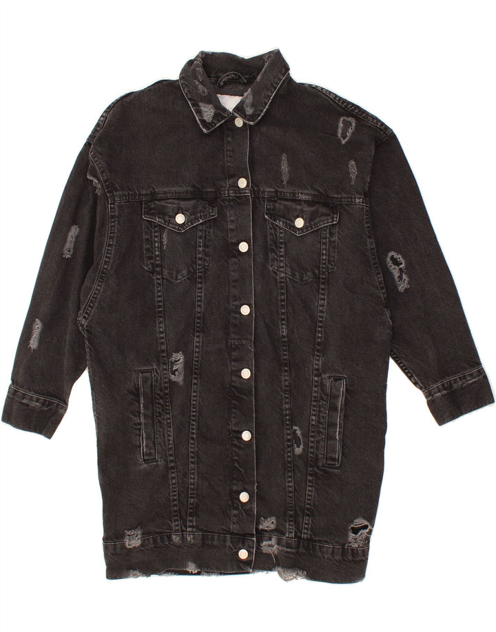 ZARA Womens Distressed Denim Coat UK 14 Medium Black Cotton Vintage Zara and Second-Hand Zara from Messina Hembry 