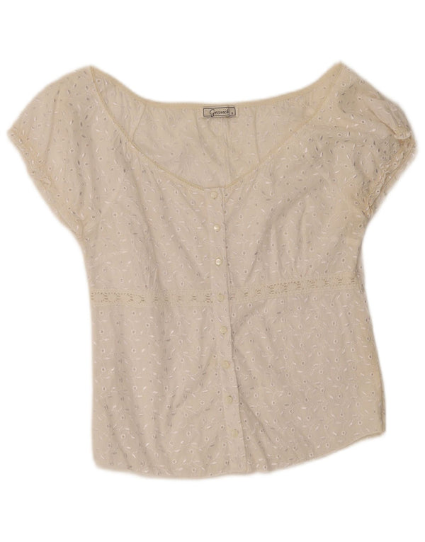 Camicetta camicia vintage da donna US 2 XS viscosa floreale bianca