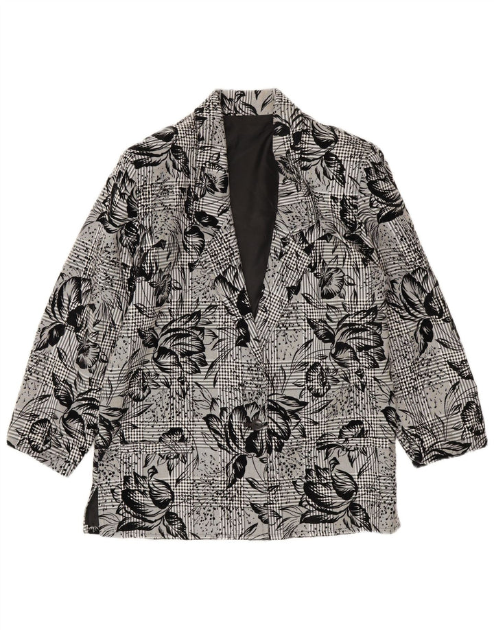 Giacca blazer vintage da donna a 1 bottone UK 14 medio nero floreale