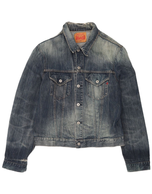 Replay Giacca in denim invecchiato lavaggio acido da uomo UK 44 2XL Cotone blu