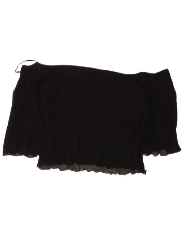 Top corto da donna vintage con spalle scoperte e maniche a 3/4 UK 18 XL seta floreale nera