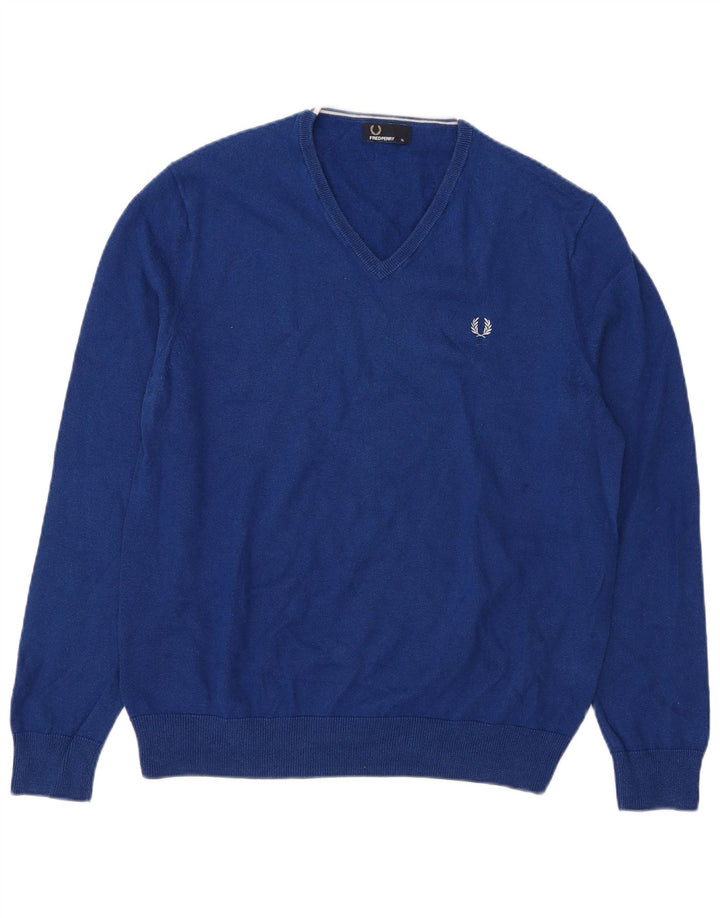 Maglione da uomo con scollo a V Fred Perry XL in lana blu