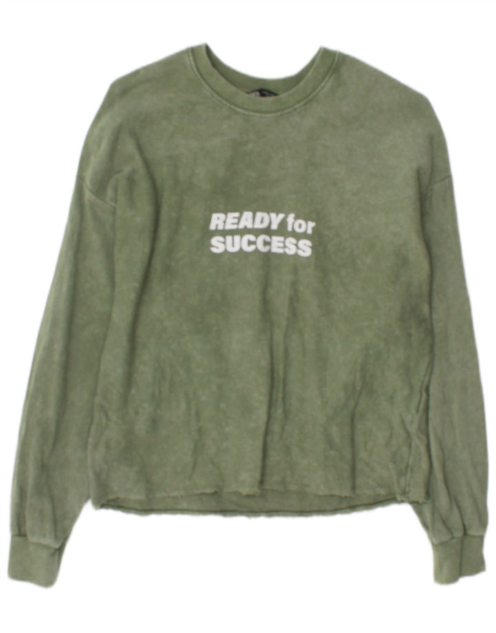 Felpa con grafica Zara da donna, maglione UK 14, cotone verde medio