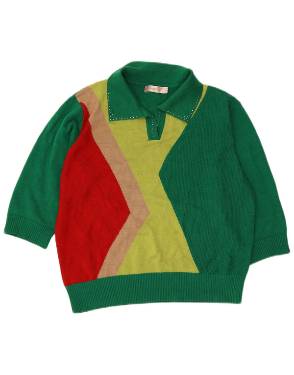 Maglione vintage da donna con collo a polo UK 14 Large Green Colourblock