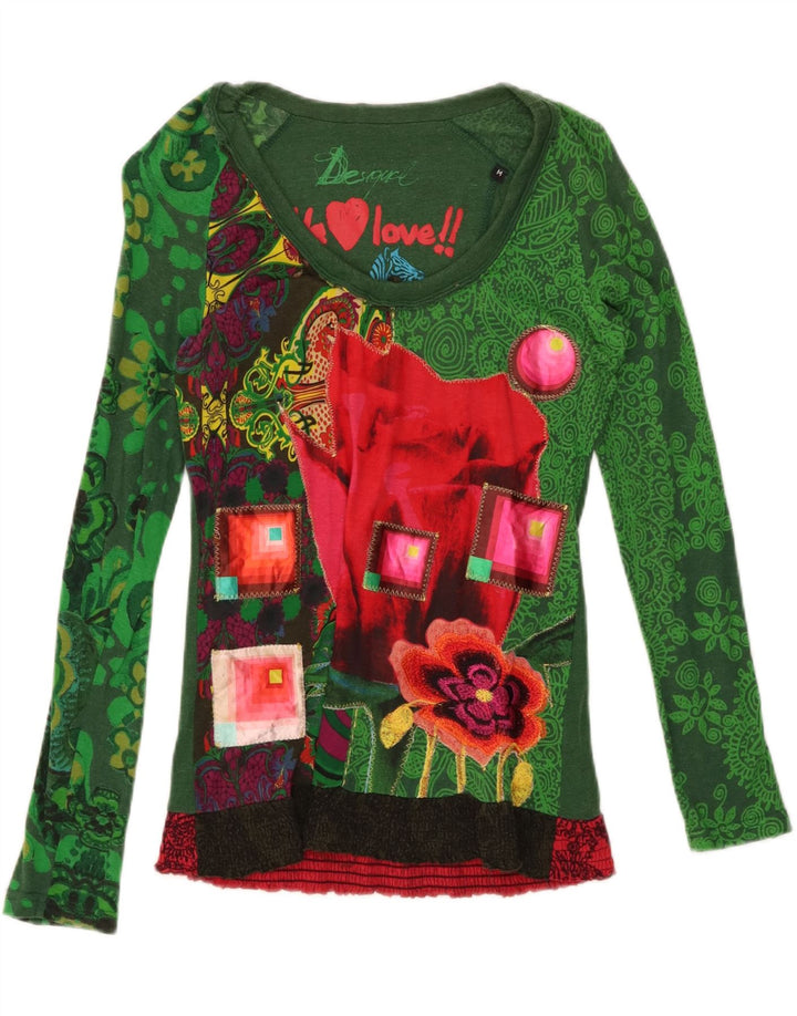 Desigual Donna Graphic Top Manica Lunga UK 14 Cotone Verde Medio