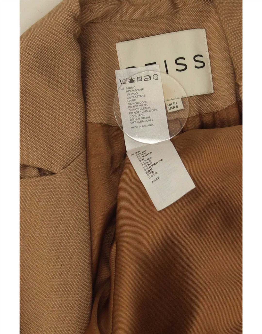Giacca blazer da donna a 1 bottone Reiss UK 10 piccola viscosa beige