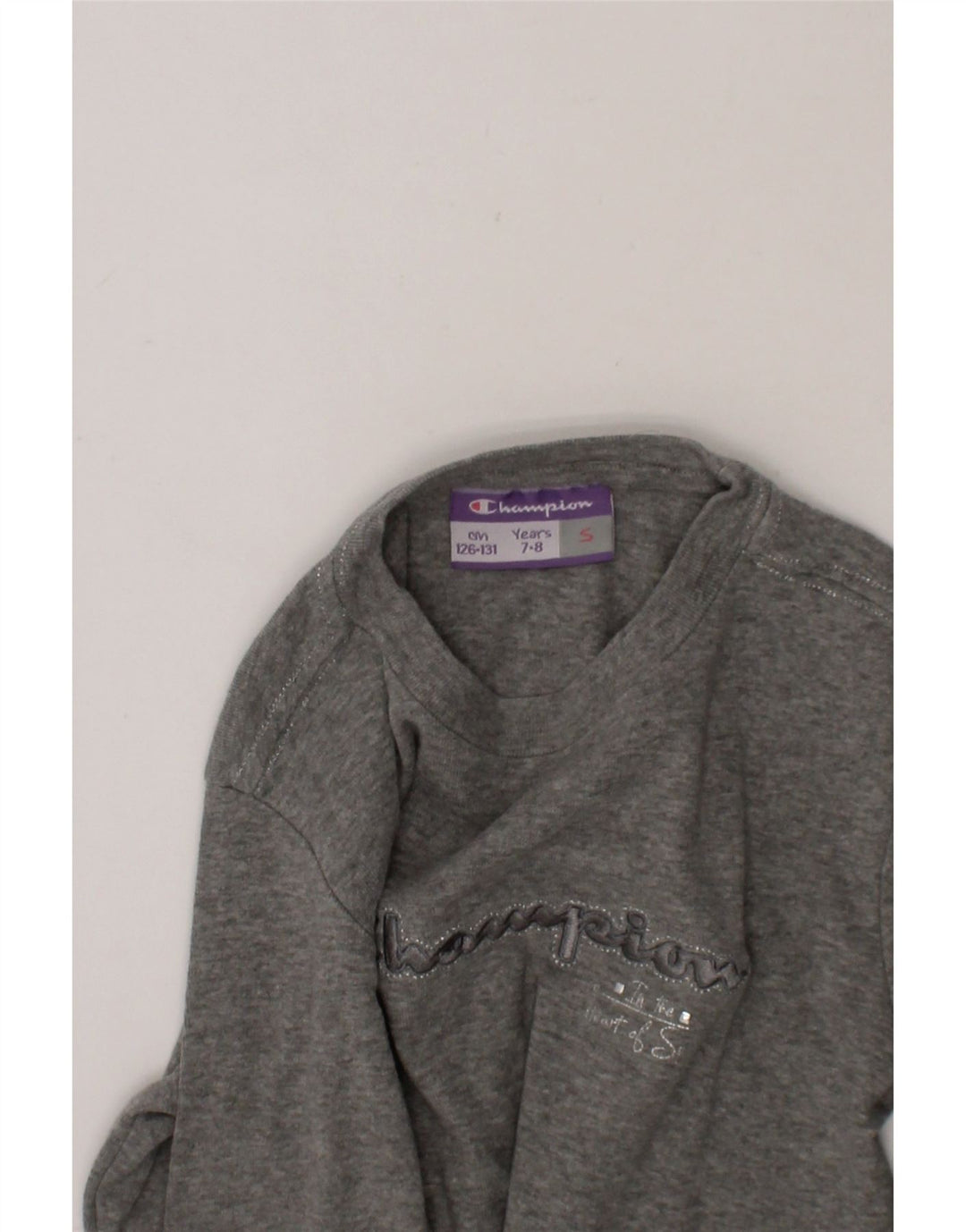 CHAMPION Girls Graphic Top Long Sleeve 7-8 Years Small Grey Vintage Champion and Second-Hand Champion from Messina Hembry 