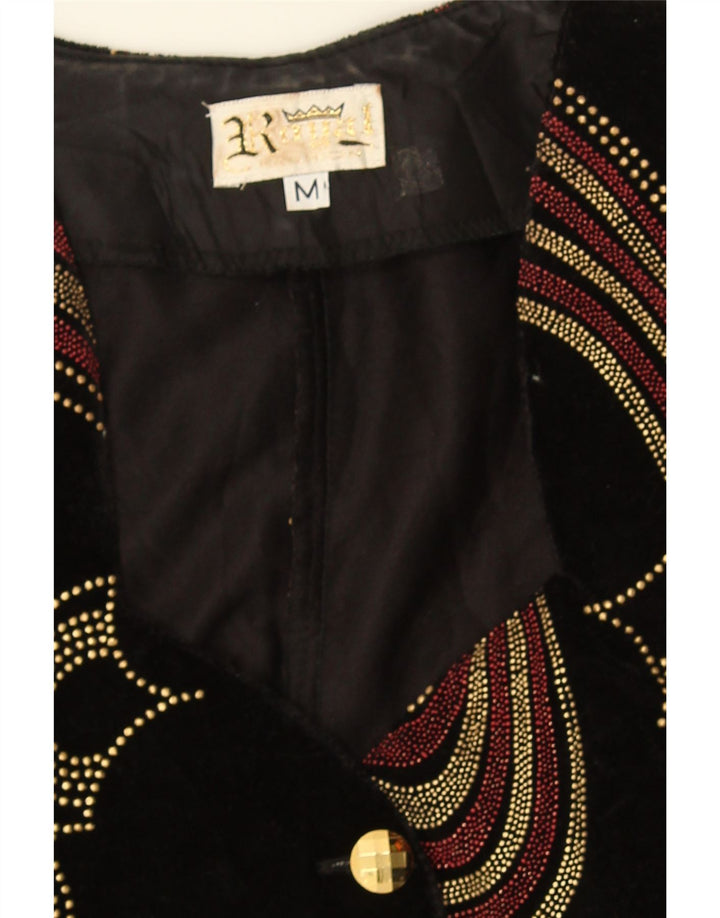 Top cardigan vintage in velluto con motivo astratto da donna UK 12 medio nero