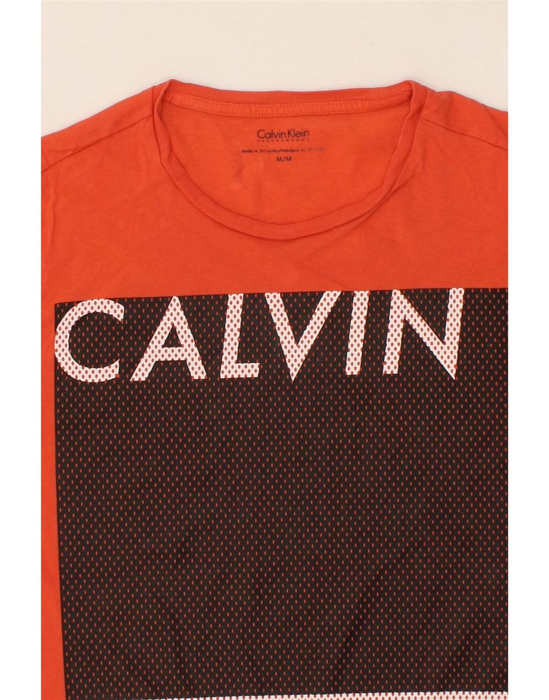 CALVIN KLEIN Mens Graphic T-Shirt Top Medium Orange Colourblock Cotton Vintage Calvin Klein and Second-Hand Calvin Klein from Messina Hembry 