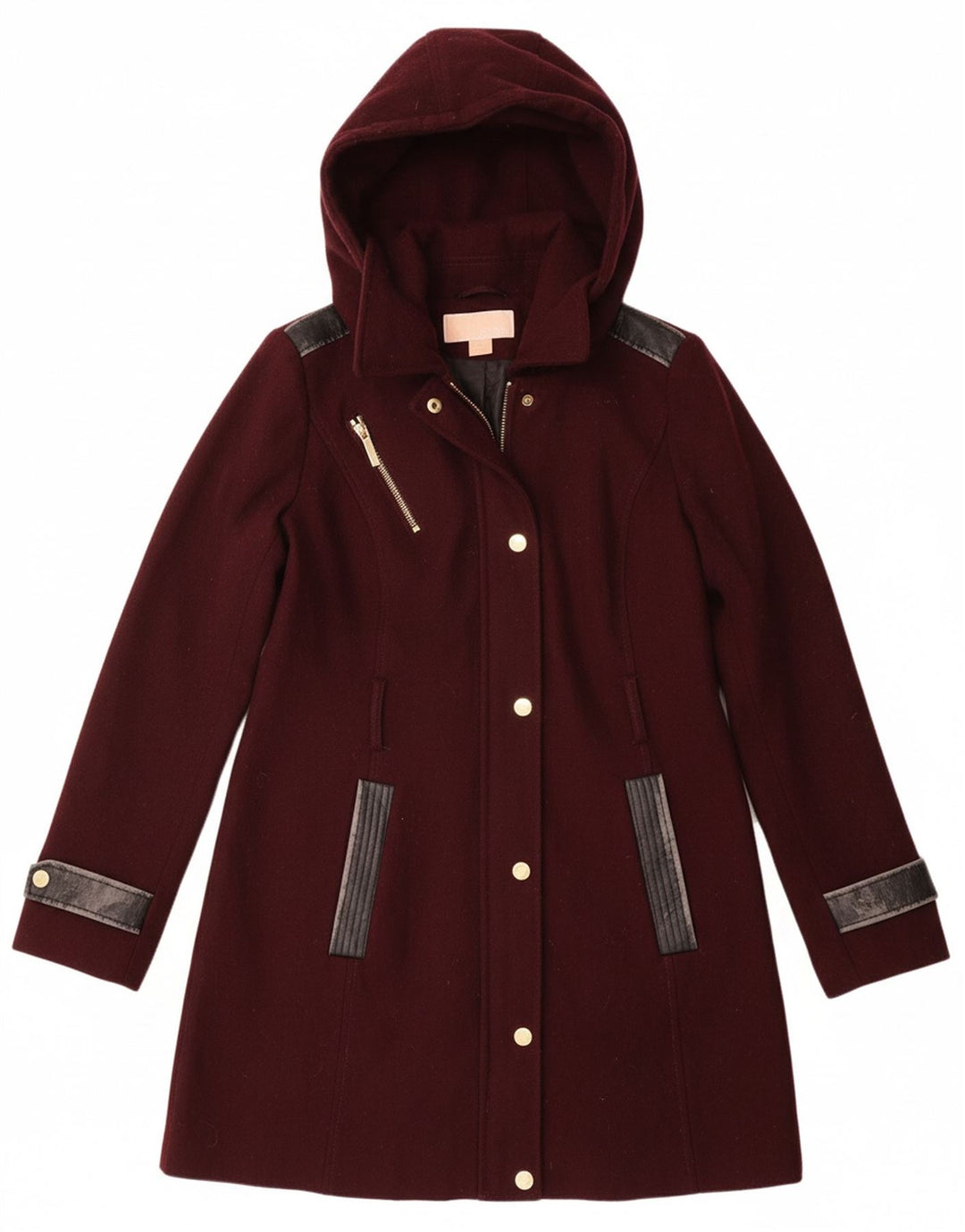 MICHAEL KORS Womens Hooded Overcoat UK 10 Small Burgundy Wool