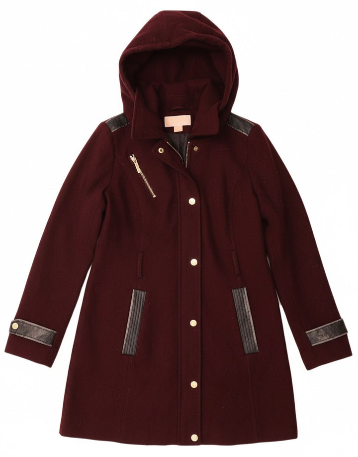 MICHAEL KORS Womens Hooded Overcoat UK 10 Small Burgundy Wool